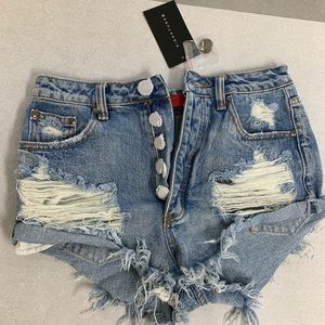 Distressed High Rise Denim Shorts